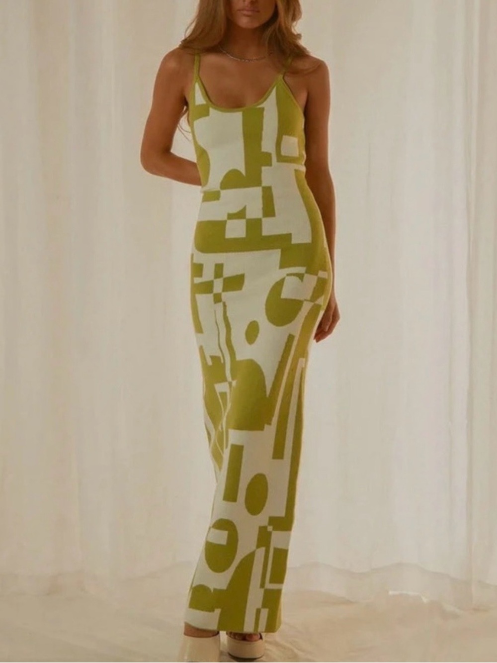 Peppermayo Green & White Geometric Maxi Dress